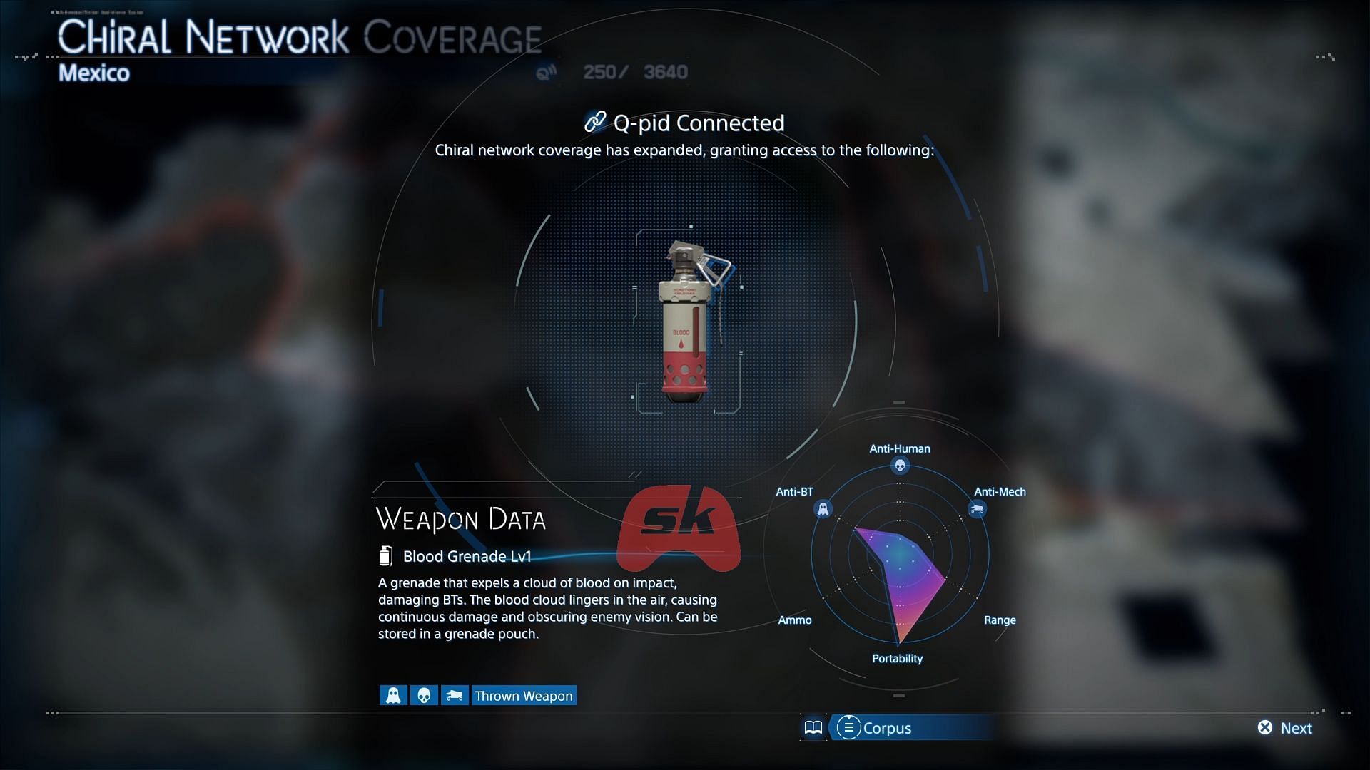 Blood Grenade's Weapon Data in Death Stranding 2 (Image via Sportskeeda Gaming / Sony Interactive Entertainment)